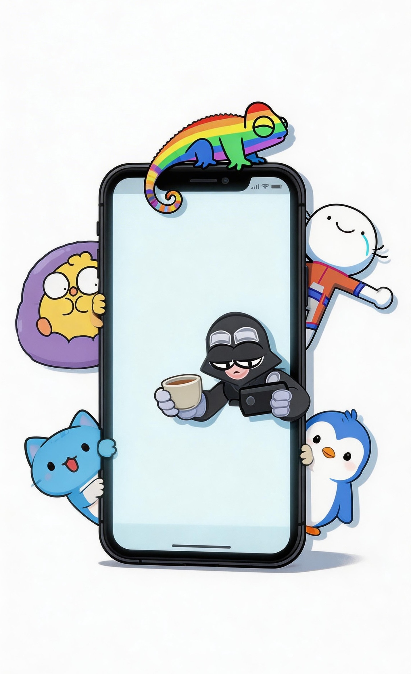 Animated characters around a phone